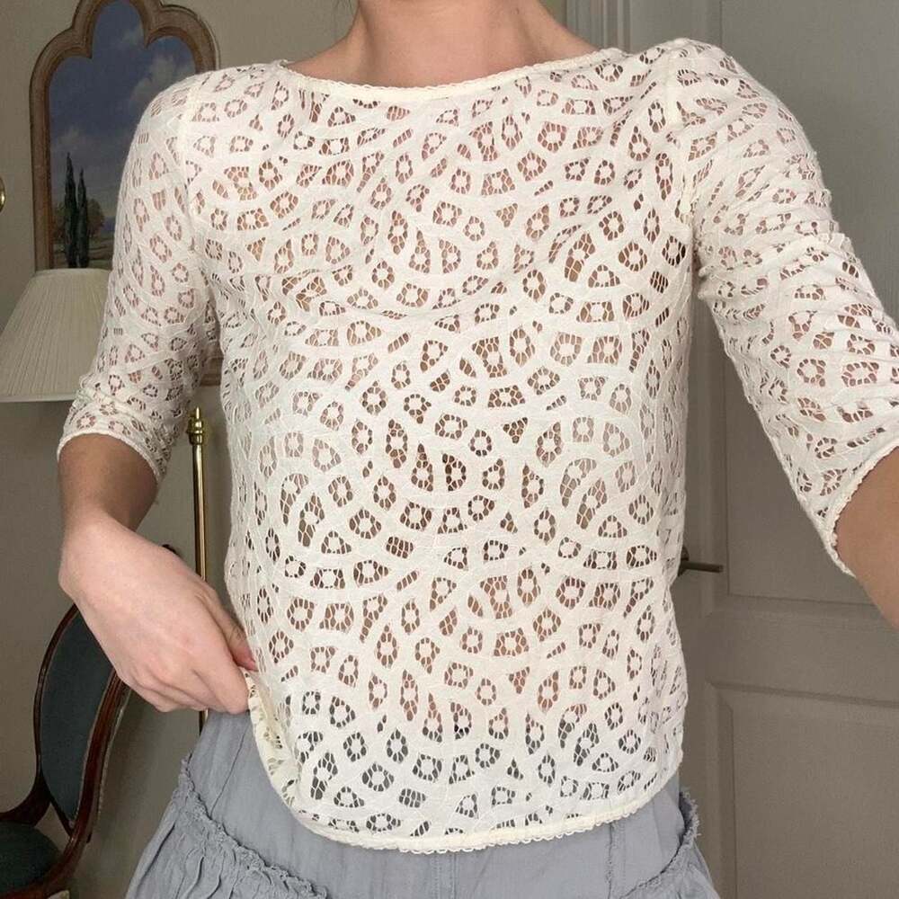 LOFT Cream Sheer Lace Top, 3/4 Sleeve Boho Blouse, Petites XXSP - Picture 3 of 8